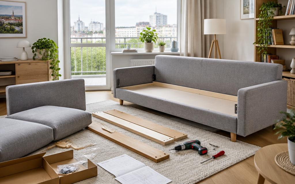 Surenkama sofa šviesiame bute